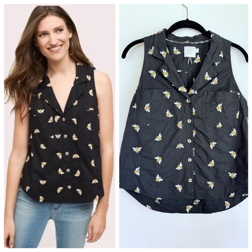 Anthro HD in Paris Embroidered Winnie Bee Sleeveless Button Down Top in Black 6